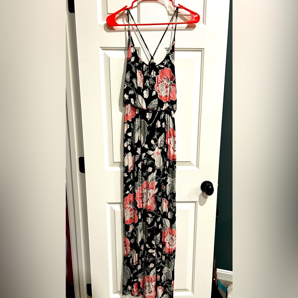 LOFT Floral Black Maxi Dress with Pink and White Accents